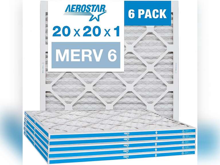Aerostar 20x20x1 MERV 6 Pleated Air Filter, AC Furnace Air Filter, 6 Pack (Actual Size: 19 3/4" x 19 3/4" x 3/4") 29