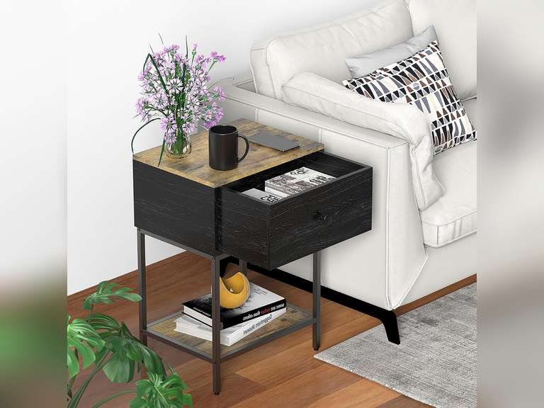 3 Tier Nightstand with Wood Drawer Storage, Small Side Table for Small Spaces, Rustic Tall Night Stand/End Table with Shelf, Anti- Falling Design for Living Room, Bedroom, Sofa, Black 47