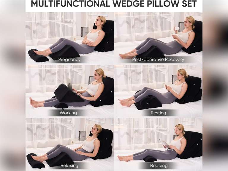 4 PCS Wedge Pillow Set for After Surgery, Memory Foam Orthopedic Bed Wedge Pillow Set, Adjustable Bed for Sleeping, Acid Reflux Relief, Post Surgery Recovery, Back Support, Leg Elevation, Black 80
