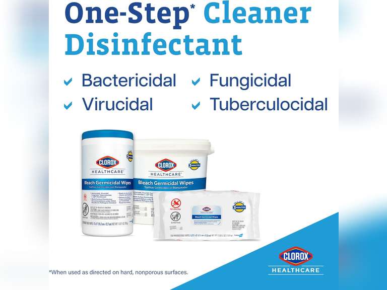 Clorox Healthcare Bleach Germicidal Wipes, 12" x 12", Refill for Bucket, 110 Count Pouch (Package May Vary) 64