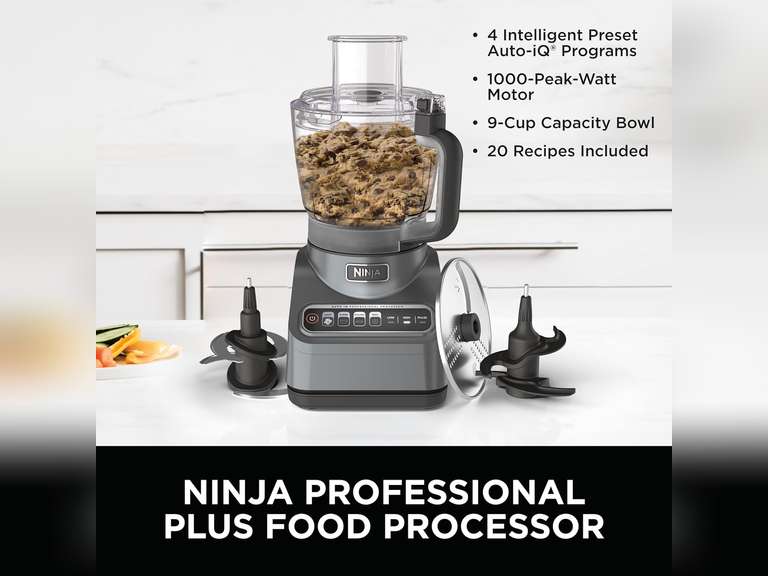 Ninja Food Processor, Professional Plus, 1000 Peak Watts, 4 Functions for Chopping, Slicing, Purees & Dough with 9-Cup Processor Bowl, 3 Blades, Food Chute & Pusher, Silver, BN601 130