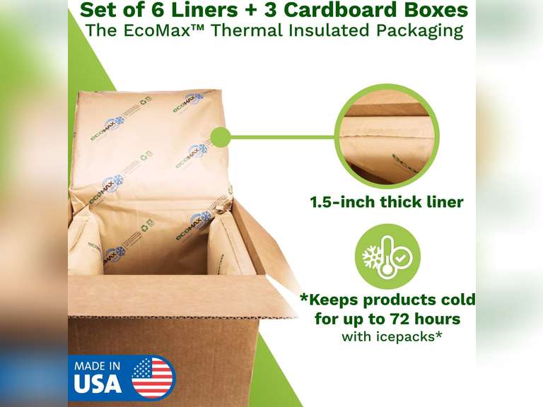 IDL Packaging 12" x 12" x 12" Insulated Shipping Box, 3.6-Gallon Capacity, Pack of 3 - Includes EcoMax Thermal-Paper Liners, Absorb Condensation - For Frozen Food, Meat, or Fish 57