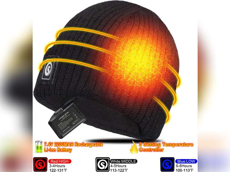 Sun Will Battery Heated Beanie Hat,Electric Rechargeable Warm Winter Heated Fleece Cap 60