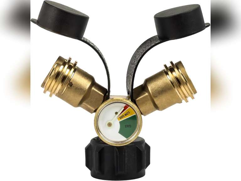 BlueStars Propane Tank Y Splitter QCC/POL with Gauge and Shut-Off Valve - Propane 2 Way Splitter Adapter Fitting for Gas Grills, Heaters, Camping Stoves, BBQ Griddles, Gas Burners, Heaters 21