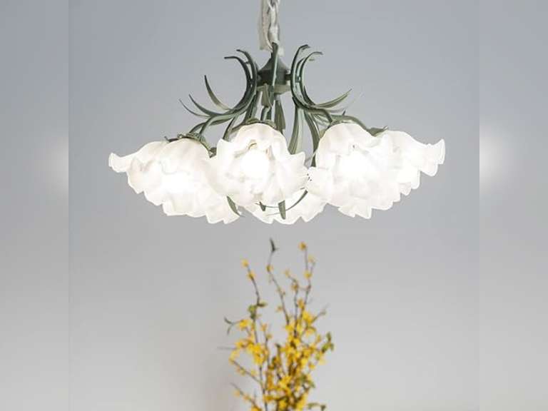 Lace Glass Flower Chaner Light Fixture Large Round Chaner for Dining Room Over Table Farmhouse Green Pendant Light Nordic Modern Hanging Ceiling Lamp for Bedroom Living Room Kitchen (8 Lights 494