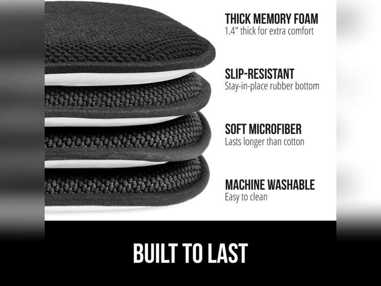 GORILLA GRIP Slip Resistant Chair Cushions, No Ties Required, Set of 6 Memory Foam Pads for Dining Room, Kitchen Table, Office, Rocking Chairs, Plush Seat Cover Cushion Pad, Home Decor, 16x16, Black 68