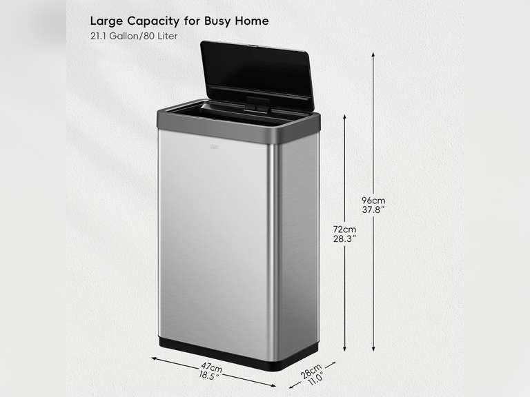 EKO Mirage X 80 Liter / 21.1 Gallons Motion Sensor Trash Can, Automatic Large Kitchen Trash Can Touchless, Stainless Steel 110
