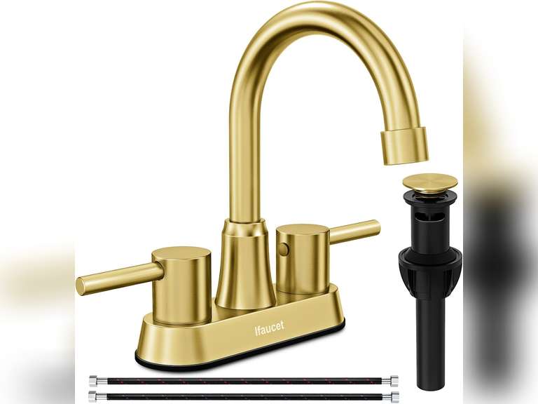 Gold Bthroom Faucet, Brushed Gold Bathroom Faucet, Gold Faucets for Bathroom Vanity, 4 Inch 2 Handle Centerset, Lead-Free, with Copper Pop Up Drain (Brushed Gold) 30