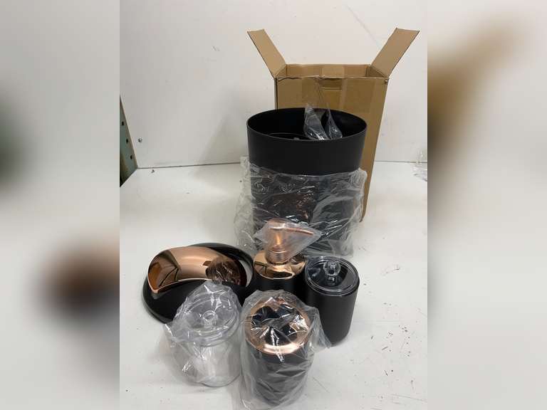 Black Bathroom Accessories Set 9 Piece - Trash Can, Soap Dispenser and Dish, Toilet Brush, Toothbrush Holder, Tumbler, Tray, Cotton Swab Container, Countertop Organizer Decor and Housewarming Gift 40