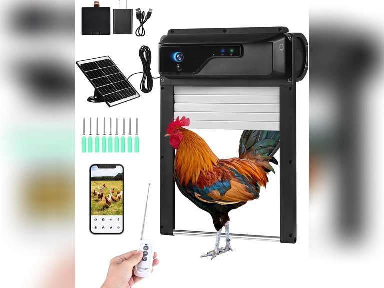 Automatic Chicken Coop Door with HD Camera, Solar Powered, 5000mAh Battery, WiFi Enabled, APP-Based Monitoring, Remote Control and Timer, with Anti-Trap Sensor and Alarm Drive(Black) 170