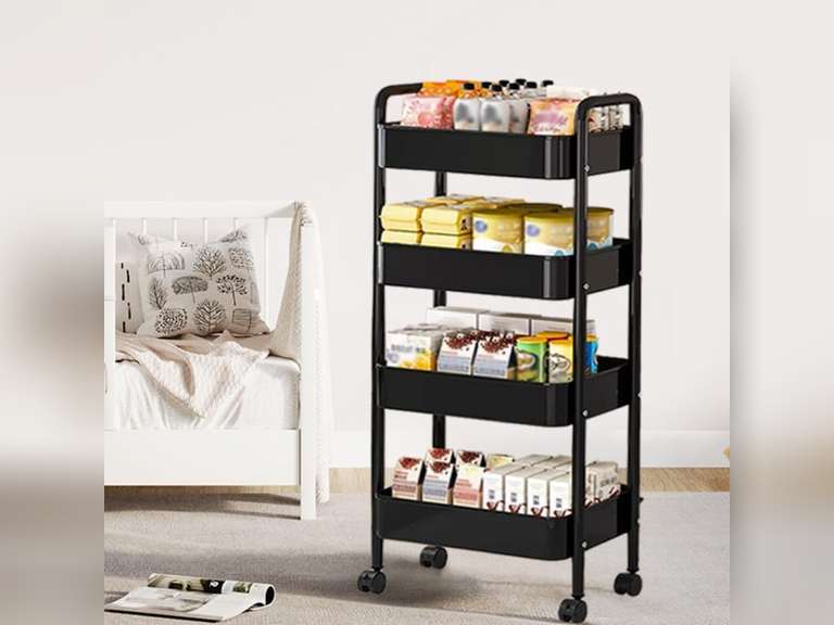 Rolling Cart, Utility Cart, Metal Trolley Cart with Wheels, Detachable Storage Cart with Handle and Lockable Casters for Bathroom,Kitchen,Living Room Office (Black Metal , 4 Layers) 25