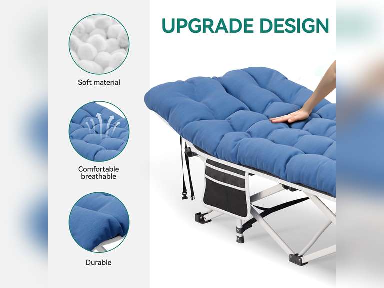 YITAHOME 2 Pcs Camping Cots w/Mattress Portable Louge Chair Outdoor Folding Cot Heavy Duty 575 LB Capacity 1200D Oxford w/Carry Bag Travel Camp Bed for Camping, Office, Traveling, Navy Blue 160