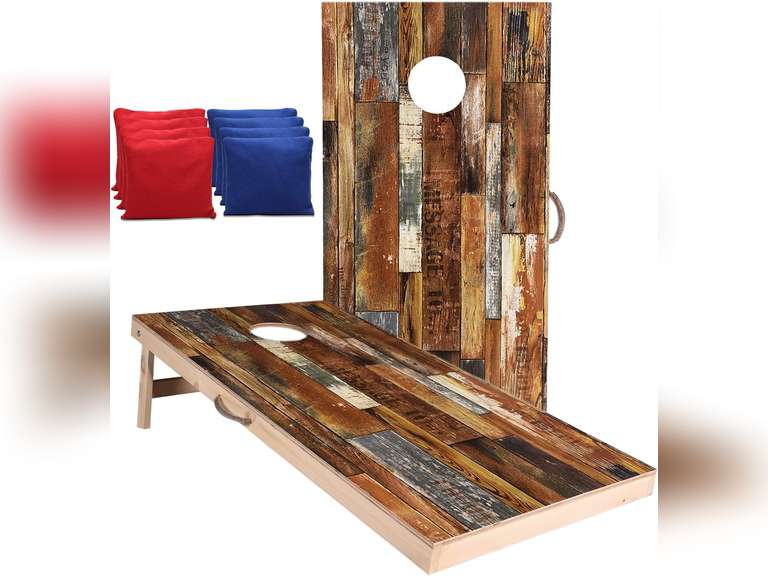 Welldo Sports 4x2 Feet Regulation Wood Cornhole Boards, Both Sides PrintedWood Grain Cornhole Set with 8 Cornhole Bean Bags for Indoor Outdoor CornholeToss Games (4'x2' Boards with Dark Red Bean Bags) 147