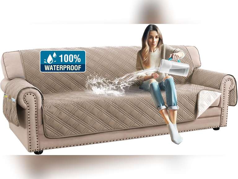 H.VERSAILTEX 100% Waterproof Sofa Covers for 3 Cushion Couch Modern Sofa Cover for Dogs XL Couch Covers for Oversized Sofa with Elastic Straps (Oversized Sofa, Taupe/Beige) 52
