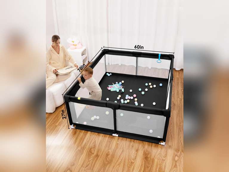 Dearlomum Baby Playpen with Non Removable Mat, Extra Large Play Yard for Babies & Toddlers, Portable Travel Playpen, Baby Activity Center for Indoor & Outdoor Use (Black 59" 71") 80