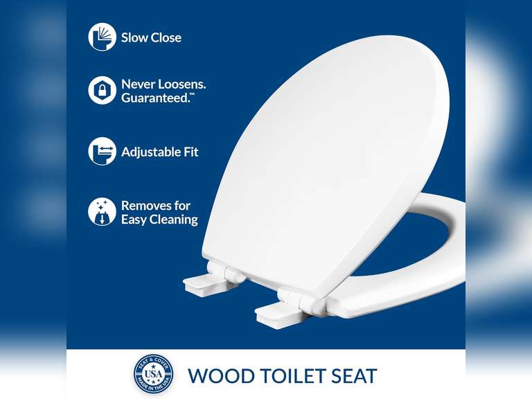 Mayfair Cassel Slow Close Toilet Seat, Easy Clean, Non Slip Premium Wood Seat, Easy Install, Made in USA, Round, White 38