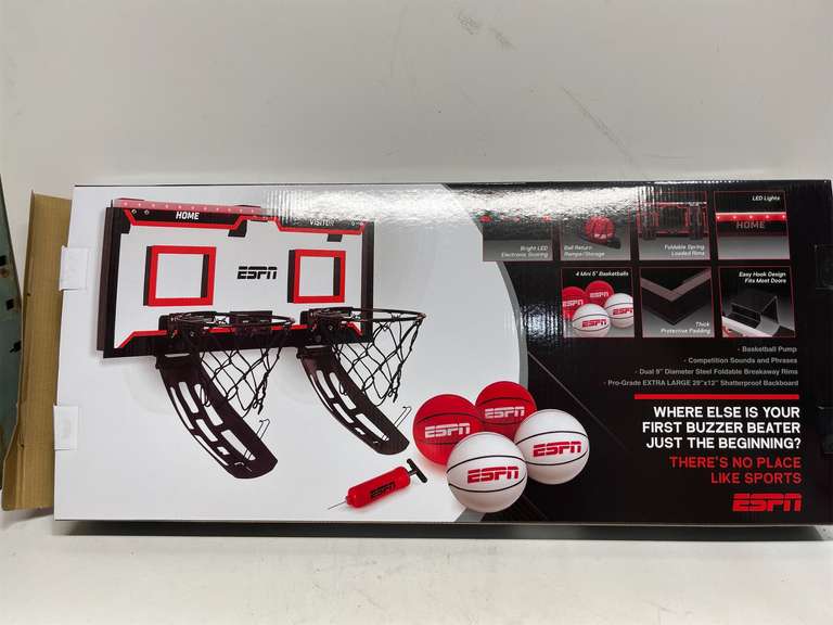 ESPN Mini Basketball Hoop, Over The Door Basketball Hoop with 2 Foldable Breakaway Rims and Ball Return for Two Player Games, Includes 4 Mini Basketballs and Pump 48