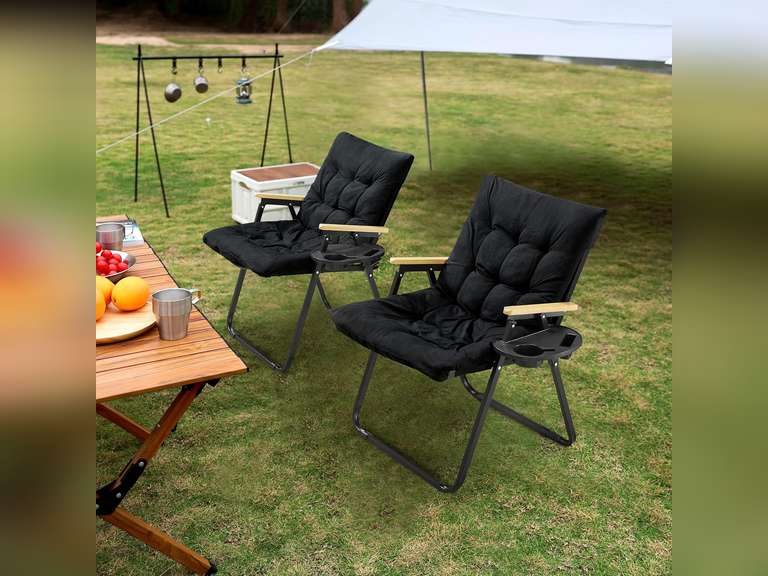 Folding Camping Chair with Detachable Cushion and Cup Holder, Lawn Chair with Arm Rest, Heavy Duty Portable Camping Chair for Adults, Outdoor Chair for Camping, Lawn, Patio, Beach and Fishing, Black 2 Pack 90
