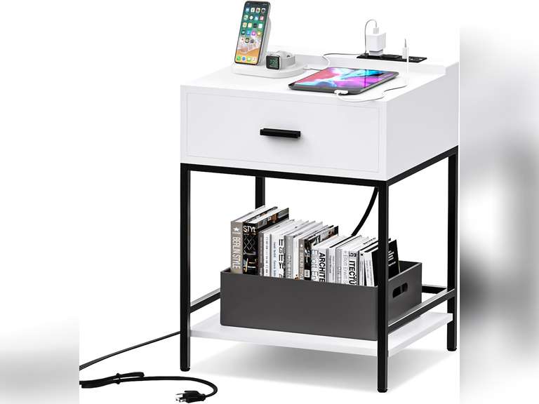 White Nightstand with Charging Station and USB Ports, 3-Tier End Table with Wood Drawer Storage Shelf, Tall Small Bed Side Table for Small Spaces Living Room, Bedroom 61