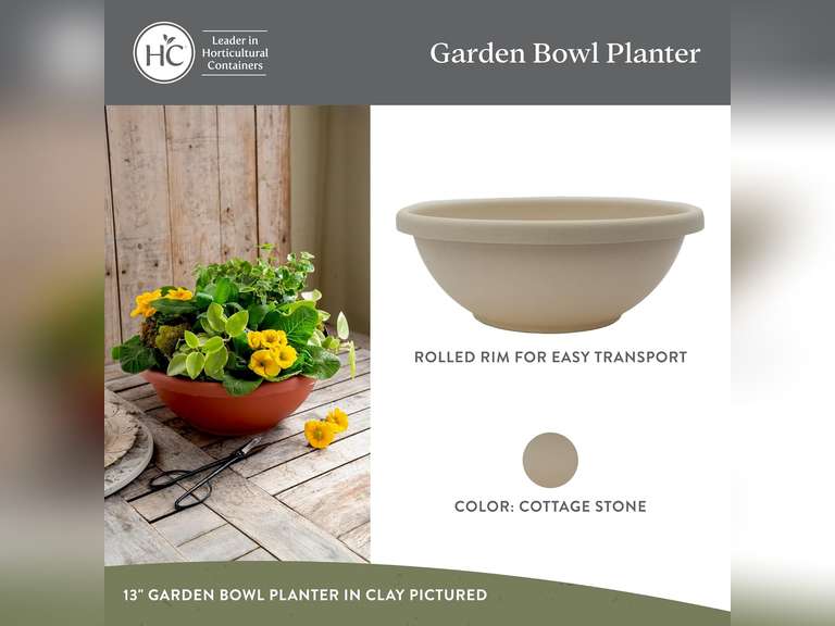 The HC Companies 15.5 Inch Garden Bowl Planter - Shallow Plant Pot with Drainage Plug for Indoor Outdoor Flowers, Herbs, Cottage Stone (2 Pack) 31