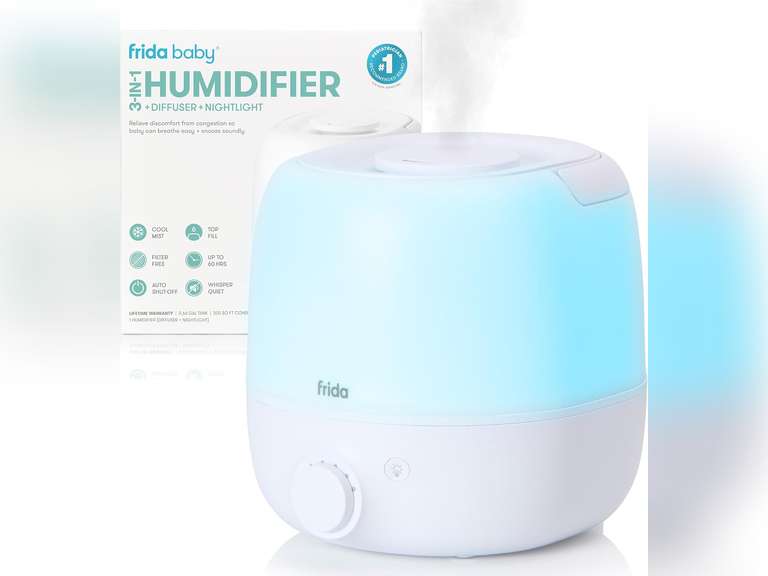 Frida Baby 3-in-1 Cool Mist Humidifier for Large Rooms, Top Fill Humidifier for Bedroom, Allergy Relief, 60 Hour Runtime + Nightlight, Auto Shut-Off, Quiet, Carry Handle, Essential Oil Diffuser 45