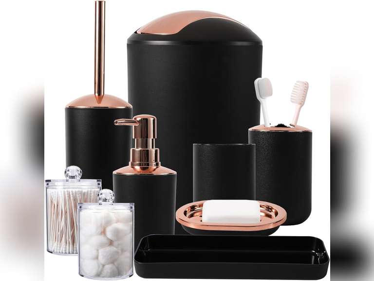 Black Bathroom Accessories Set 9 Piece - Trash Can, Soap Dispenser and Dish, Toilet Brush, Toothbrush Holder, Tumbler, Tray, Cotton Swab Container, Countertop Organizer Decor and Housewarming Gift 40