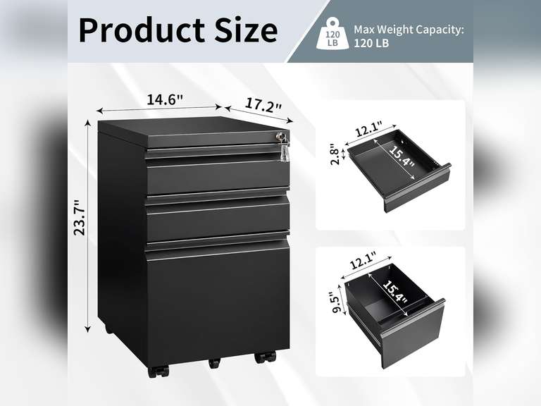 Filing Cabinets for Home Office, Mobile File Cabinet with Lock, 3 Drawer Filing Cabinet for A4/Letter/Legal Size Folder, Fully Assembled Except Casters, Matte Black 80