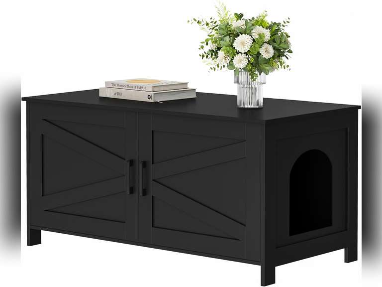 Homhedy 39.4" L Cat Litter Box Enclosure, Pet House with Barn Door, Wooden Cat Washroom Furniture,Fit Most of Litter Box, Black 90