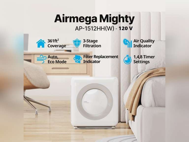 Coway Airmega AP-1512HH(W) True HEPA Purifier with Air Quality Monitoring, Auto, Timer, Filter Indicator, and Eco Mode, 16.8 x 18.3 x 9.7, White 207