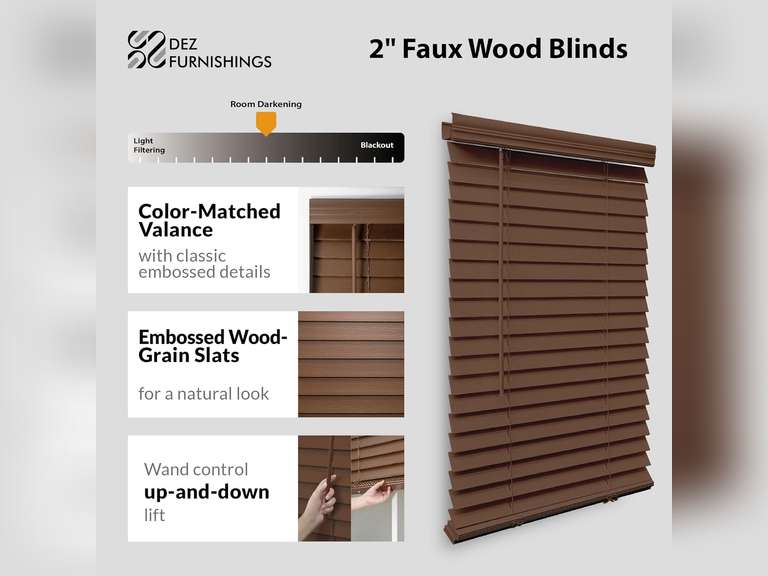 DEZ Furnishings QJBK344480 2 in. Cordless Faux Wood Blind, Dark Oak, 34.5" W x 48" H 46
