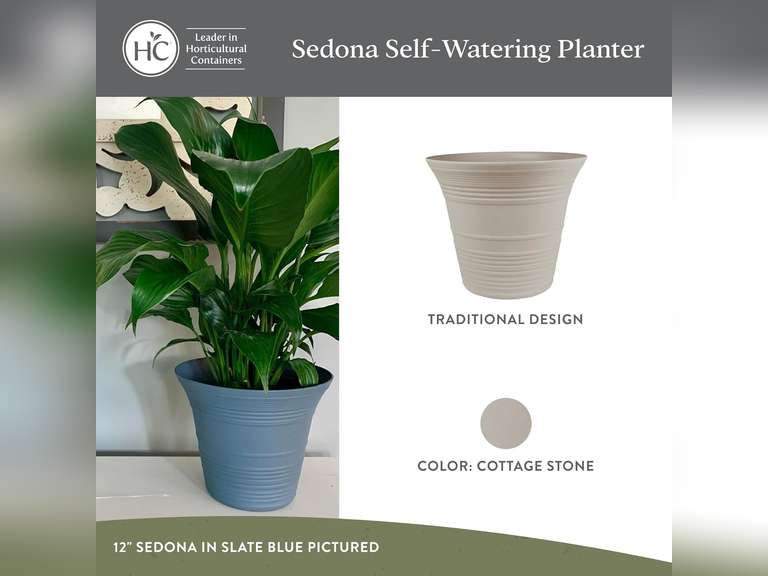 The HC Companies 16 Inch Sedona Round Self Watering Planter - Decorative Lightweight Plastic Plant Pot for Indoor Outdoor Plants Flowers Herbs, Cottage Stone 17