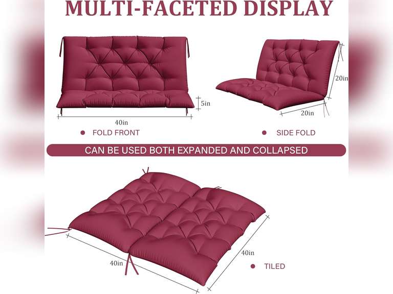 Porch Swing Cushion with Backrest,Waterproof Bench Cushion for Outdoor Furniture,2-3 Seater Replacement Thickened 5 in swing cushion,with Ties,Patio,Outdoor,Backyard and Garden (Fuchsiared,40x40 in) 47