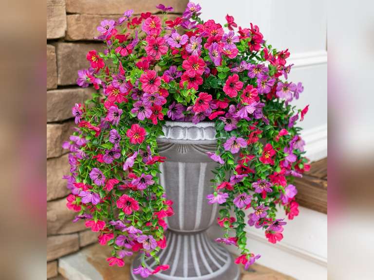 Artificial Flowers for Outdoors Fake Hanging Decoration, 4Pcs Purple and Hotpink Spring Decor, Realistic Plants, UV & Fading Resistant Silk Flower for Porch Patio Balcony Planter Yard 26