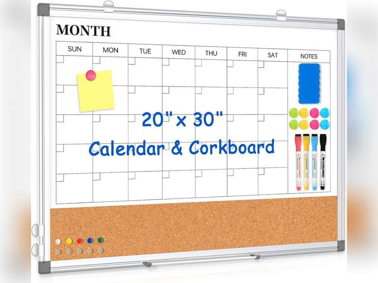 Monthly Calendar Whiteboard Dry Erase Cork Board Combo for Wall, 30" x 20" Magnetic Double-Sided Calendar White Board and Bulletin Board, Portable Board for Office, Kitchen, School, Home, Dorm 47