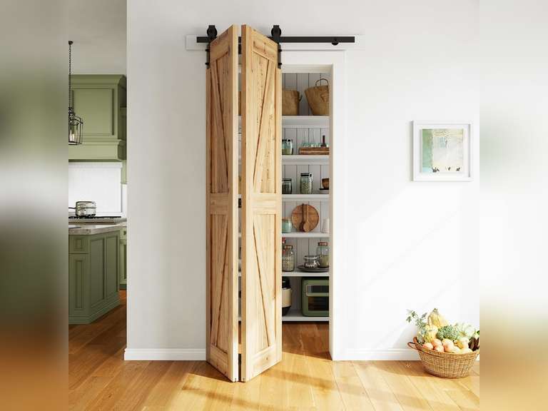 SMARTSTANDARD 3.3ft/40 Bi-Folding Sliding Barn Door Hardware Kit, Bifold Heavy Duty Sturdy Side Mounted -Smoothly and Quietly-Easy to Install, Fit 36' Doors 30