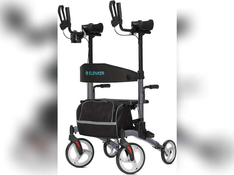 ELENKER Upright Walker, Stand Up Folding Rollator Walker with 10 Front Wheels Backrest Seat and Padded Armrests for Seniors and Adults, Carbon Fiber Black 263
