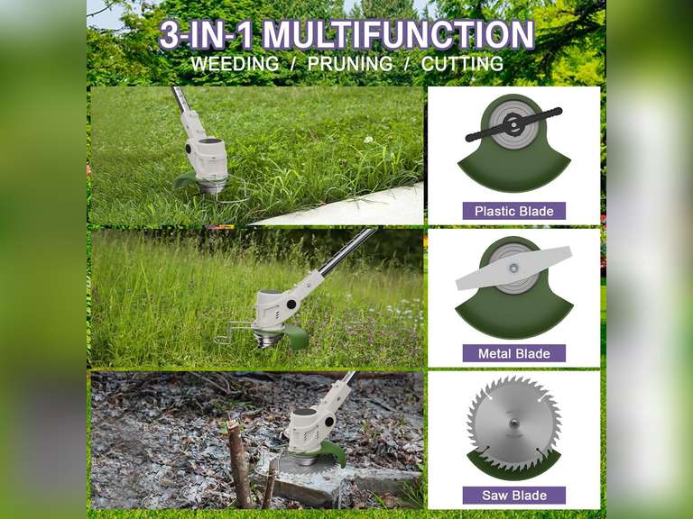 Electric Weed Wacker 21V Brush Cutter, Weed Wacker Cordless String Trimmer, Lightweight Grass Trimmer & Edger Lawn Tool,Portable Electric Lawn Trimmer with Charger, 2 Batteries, 3 Types Blades 73