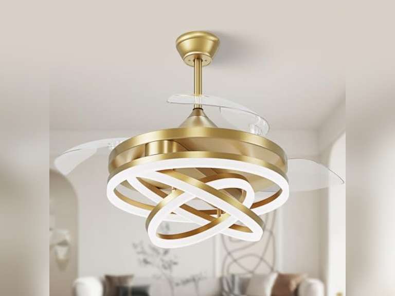 42 Inch Retractable Ceiling Fan, Chandelier Ceiling Fans with Lights, Silent DC Motor, 6 Speeds, 3 Color Changing for Bedroom Living Room (Gold) 180