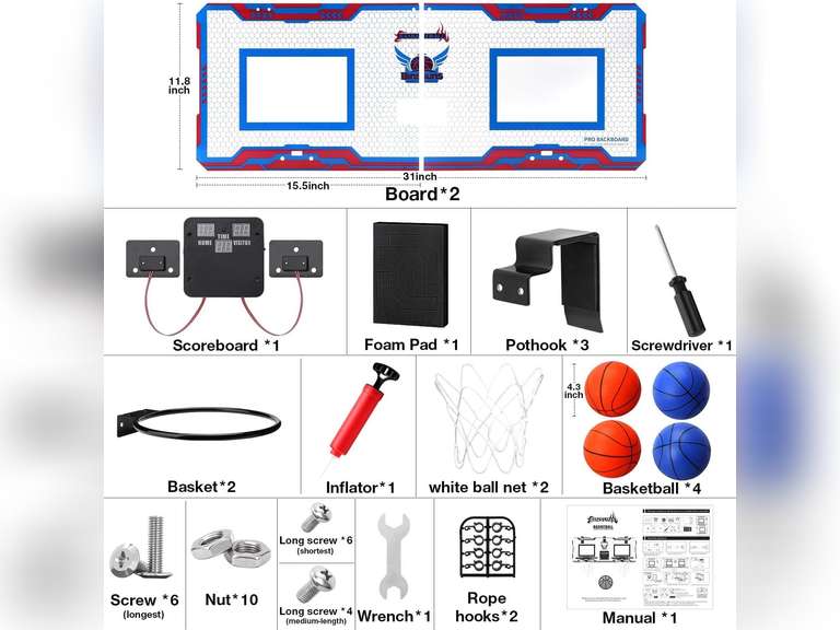 ESPN Mini Basketball Hoop, Over The Door Basketball Hoop with 2 Foldable Breakaway Rims and Ball Return for Two Player Games, Includes 4 Mini Basketballs and Pump 48