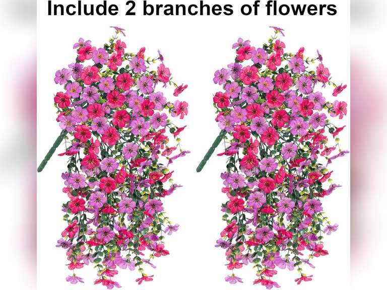 Artificial Flowers for Outdoors Fake Hanging Decoration, 4Pcs Purple and Hotpink Spring Decor, Realistic Plants, UV & Fading Resistant Silk Flower for Porch Patio Balcony Planter Yard 26