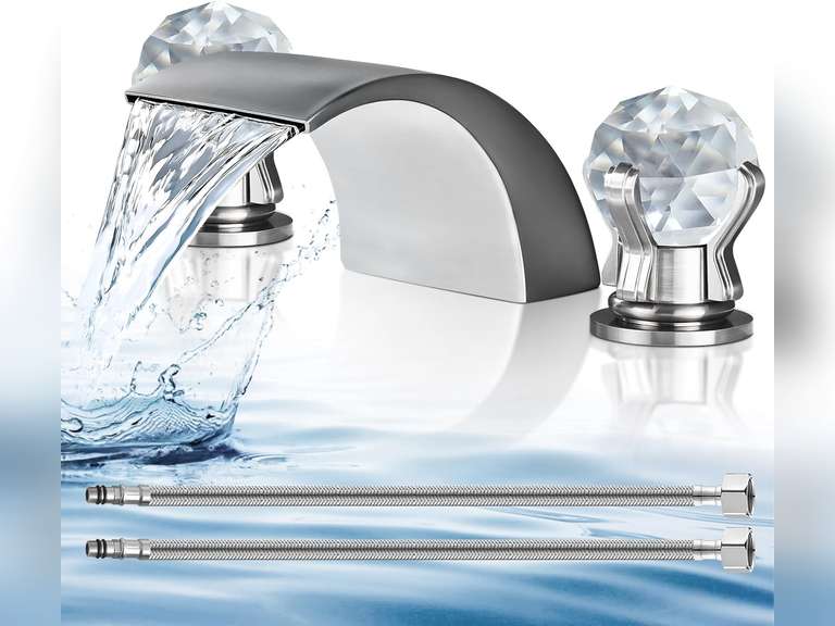 Brushed Nickel Waterfall 3 Hole Bathroom Sink Faucet,Brass Vanity Widespread Crystal Modern Restroom 3 Piece Unique Faucet with Pop up Drain for Sink with Overflow, llaves para lavamanos de ba o 79