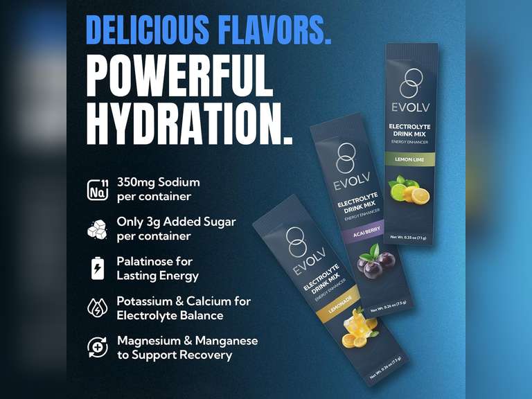 EVOLV Electrolytes Powder Packets Electrolyte Packets with Palatinose, Instant Hydration Drink for Recovery, Non-GMO Hydration Sticks for On-The-Go Use (Pack of 20) 40