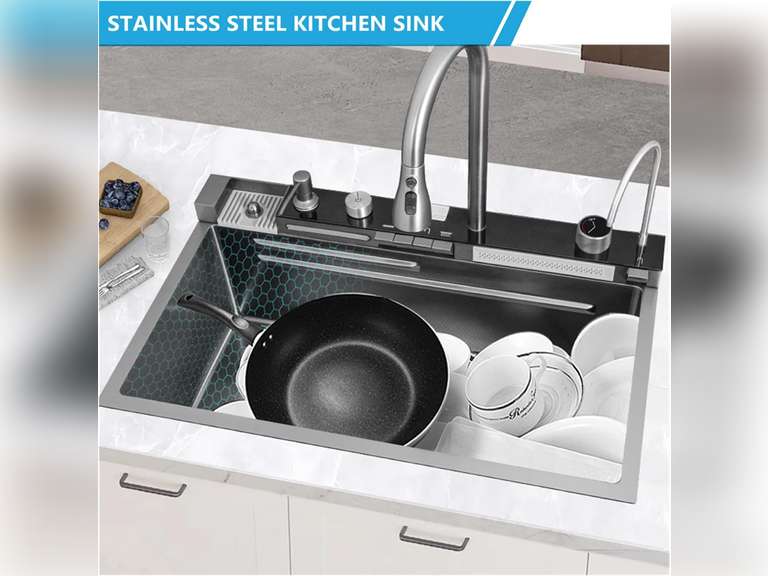 (Similar, see pictures)Digital Display Single Kitchen Sink Embossed Large Groove 304 Stainless Steel Nano Black Raindance Waterfall Sink with Pressurized Cup Washer and Two Waterfalls (29.5x18.1x8.66) 308