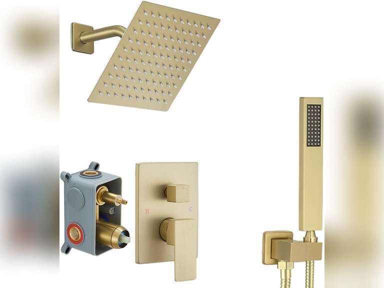 (Similar model) Brushed Gold Shower System with High Pressure 8' Rainfall Shower Head, Handheld Shower head, Bathroom Luxury Rain Mixer Shower Combo Set Wall Mounted Shower Faucet Rough-in Valve and Trim Kit 150
