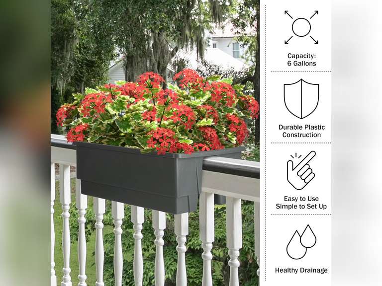 Railing Planter - 20.75-Inch Flower Box with Drainage Insert - 6-Gallon Outdoor Planter Box - Deck, Porch, or Balcony Planter by Pure Garden (Gray) 52