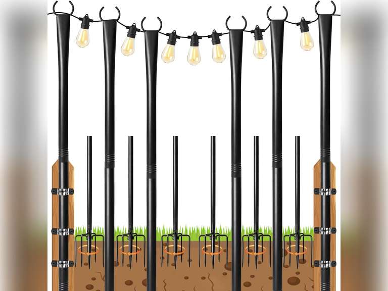 6 Pack String Light Poles for Outside, 10ft Heavy-Duty Metal Light Poles for Outdoor String Lights with Fork, Adjustable Lighting Stand for Patio Decor Backyard Pergola Garden Deck Porch Decorations 59