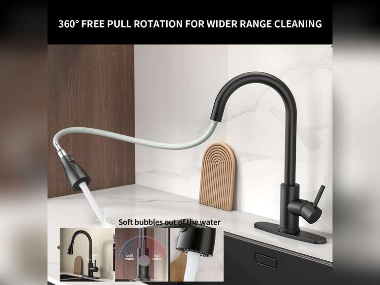 Kitchen Faucet with Pull Down Sprayer Stainless Steel Single Handle Kitchen Faucet Multiple Modes Switch Water,1/3 Hole, Deck Plate Included (Black) 33