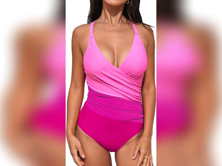 CUPSHE Women's One Piece Swimsuit Bathing Suit V Neck Ruched Crisscross Back Self Tie Color Block, M 23