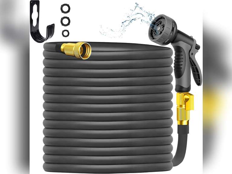 Garden Hose 100 FT Lightweight No-Kink Water Hose with 10 Functions Spray Nozzle and 3/4" Brass Connectors, Flexible, Leakproof, for Lawn Watering, Floor Cleaning, and Car Washing, Black 26