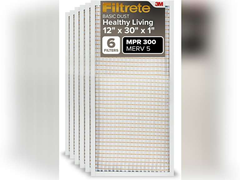 Filtrete 12x30x1 Air Filter, MPR 300, MERV 5, Clean Living Basic Dust 3-Month Pleated 1-Inch Air Filters, 6 Filters 40